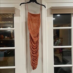 Open Back Orange Swirl Patterned Ruched Dress